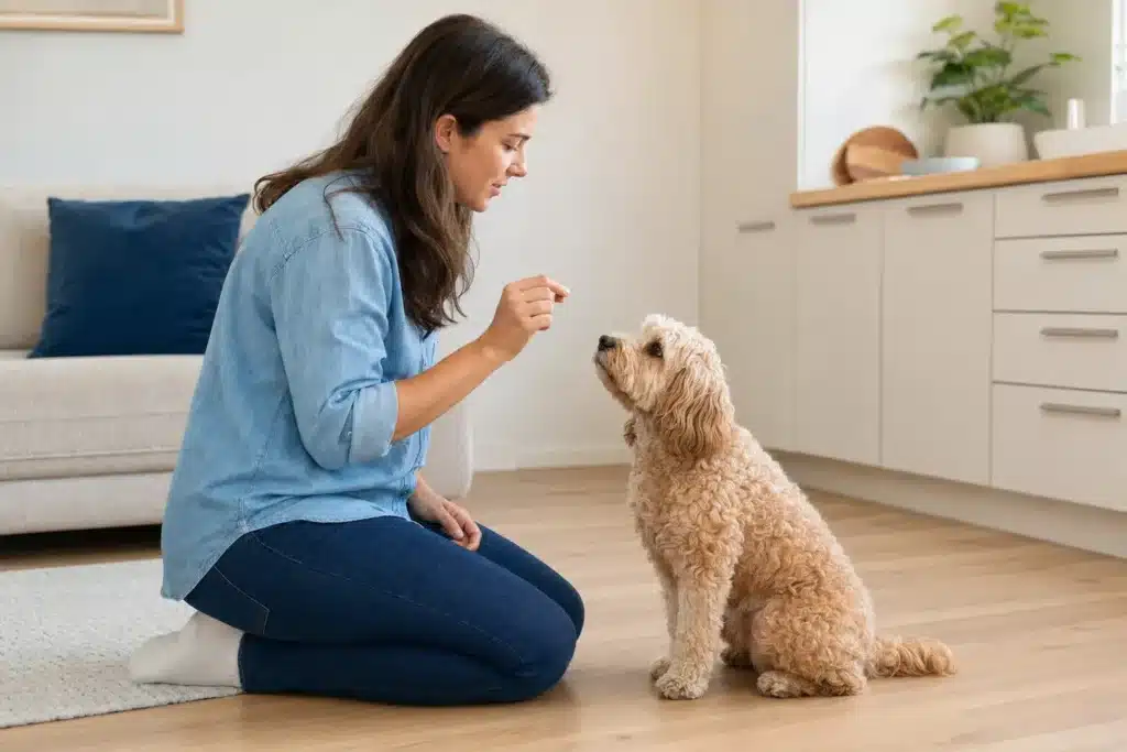 Owner using positive reinforcement to train a Cockapoo