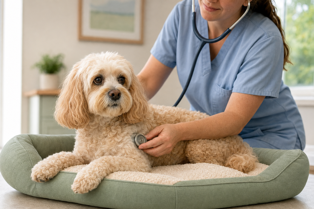Veterinarian performing a senior Cavapoo health check