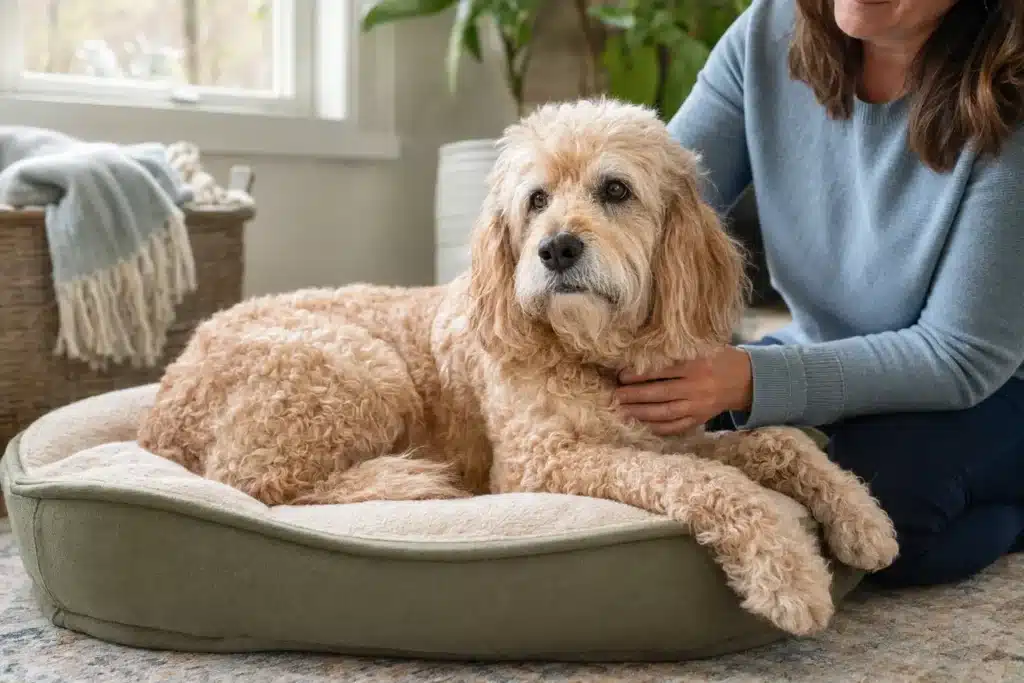 Senior Cockapoo receiving gentle daily care