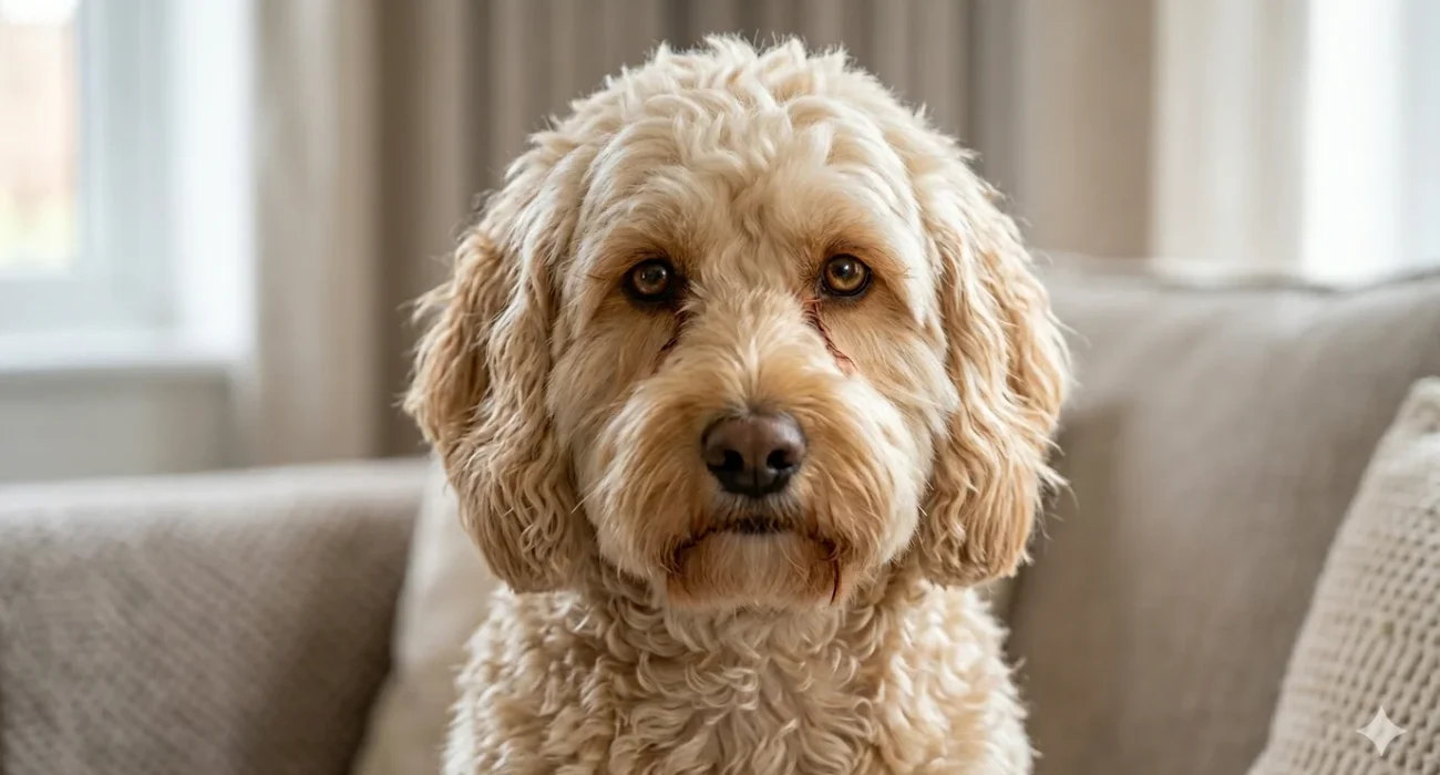 A Buff-Cream wavy-coated Cockapoo looking directly at the camera with realistic reddish-brown tear stains under its eyes