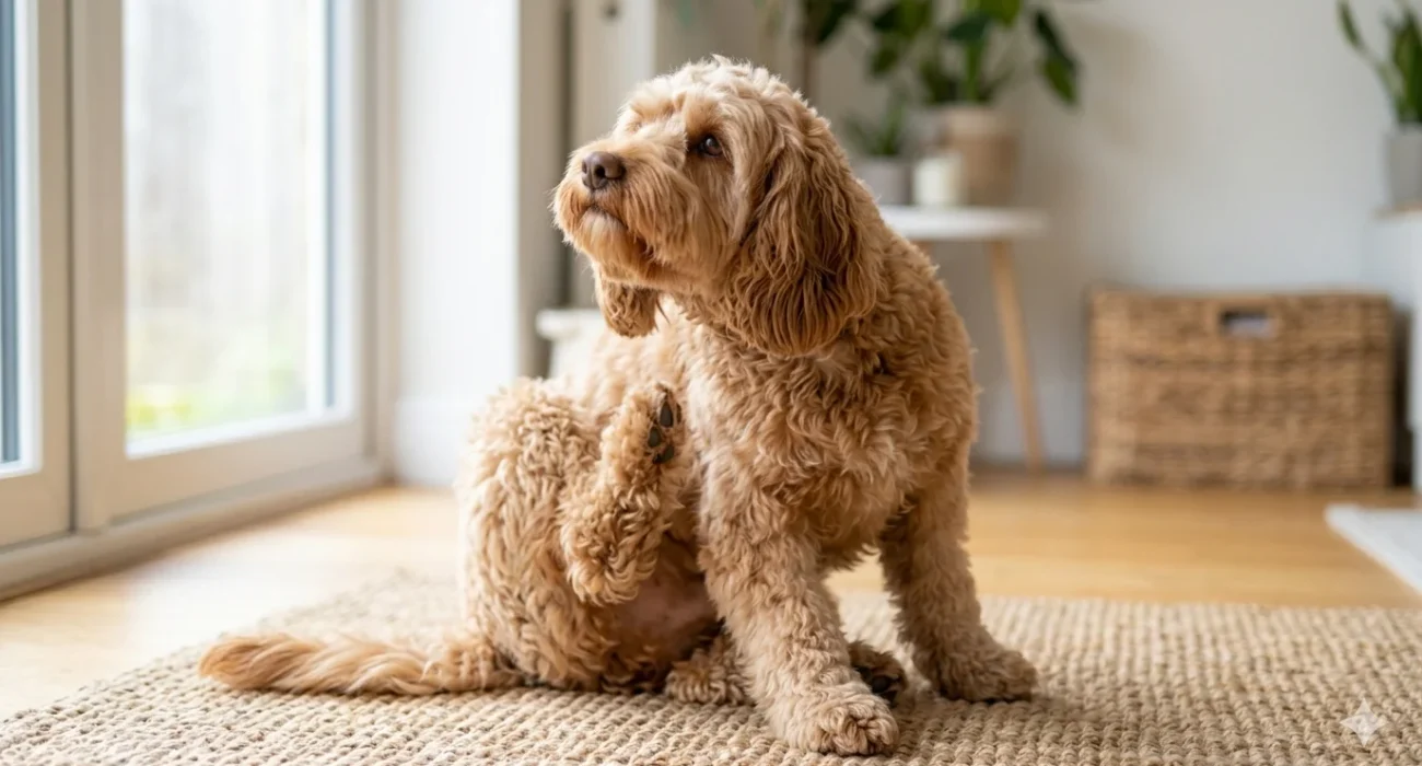 A Red-Apricot wavy-coated Cockapoo sitting on a rug and using its back leg to scratch its ear