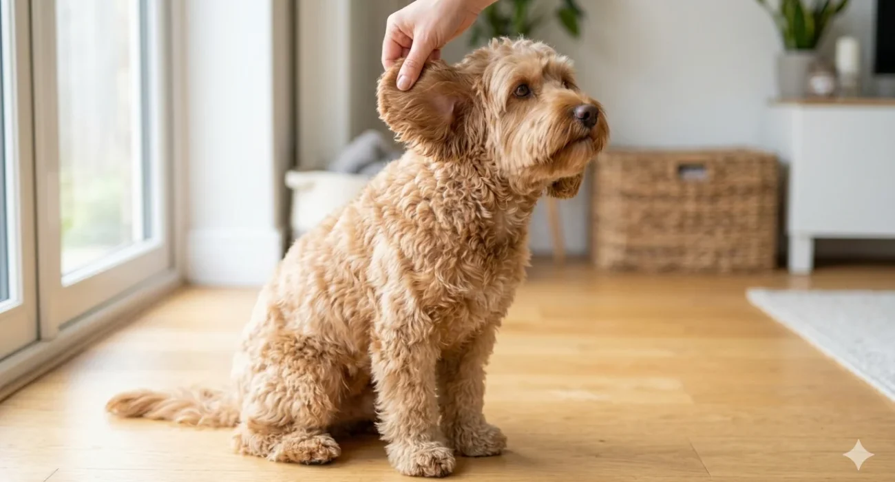 A Red-Apricot wavy-coated Cockapoo sitting patiently while an owner’s hand gently lifts its ear flap at the base to check the sensitive area for early signs of matting.