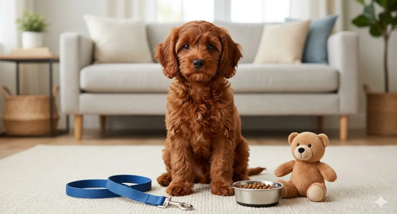 A Ruby (deep red) Cavapoo puppy sitting calmly in a cozy living room, surrounded by a new blue leash, food bowl, and one simple plush teddy bear toy