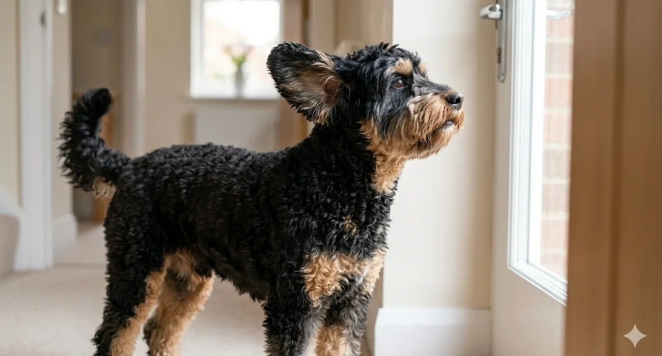 A black and tan wavy-coated Cockapoo standing intensely alert in a modern apartment entryway, ears perked and body focused directly on the front door handle, illustrating the alert bar