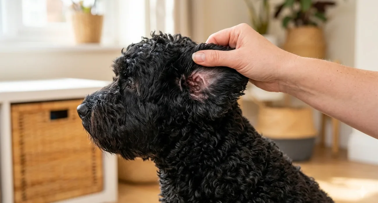 A black curly-coated Cockapoo sitting calmly while an owner gently lifts the ear flap to inspect the canal for redness or discharge, illustrating a proactive ear health check.