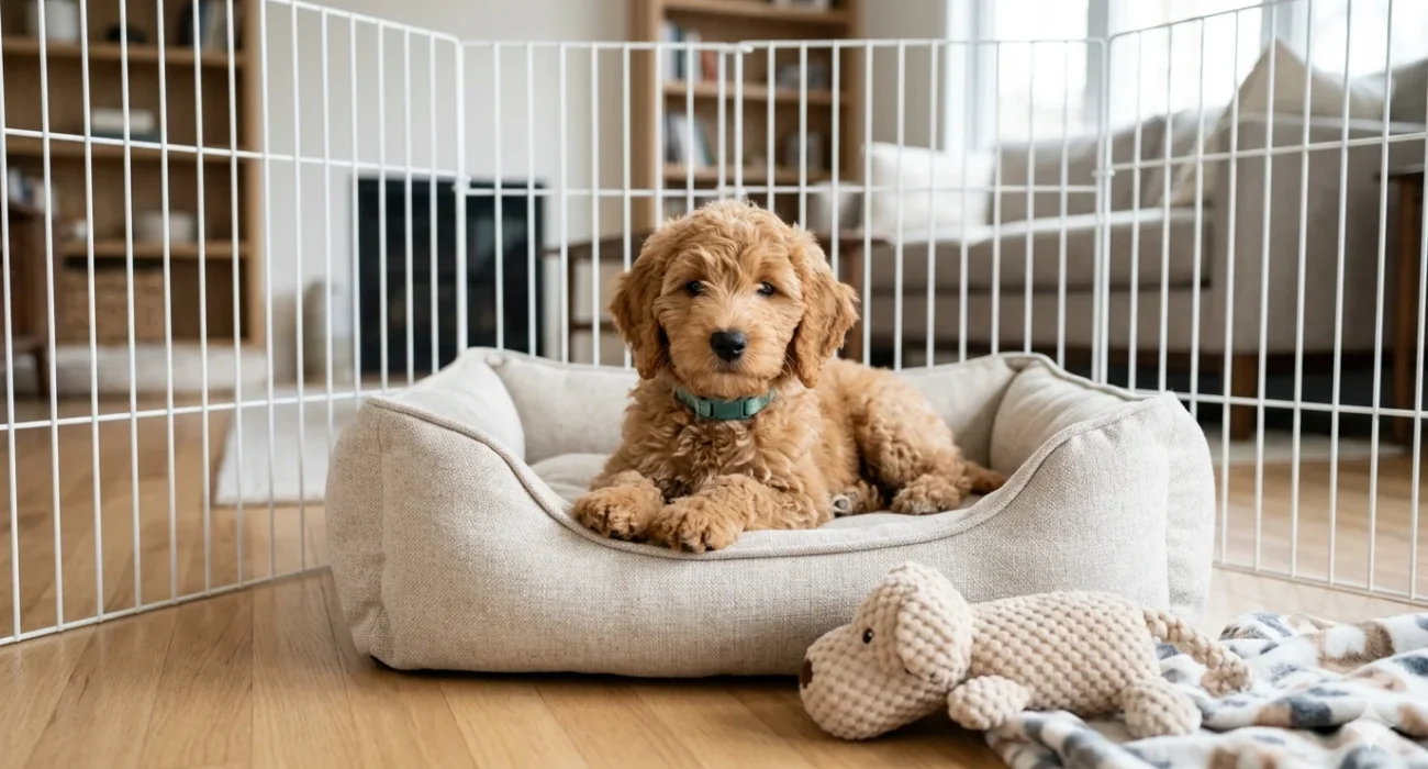 A calm Mini Goldendoodle puppy sitting contentedly in a white playpen, demonstrating independence and relaxation