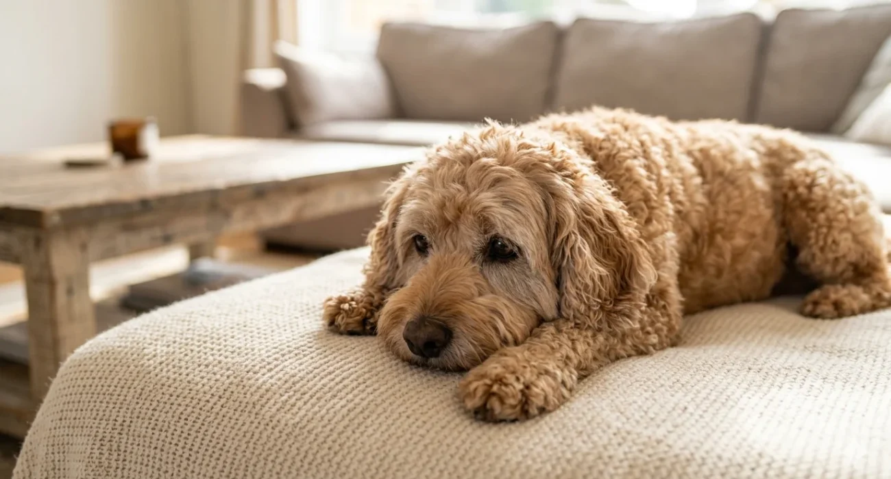 A candid photograph of a calm and gentle, apricot-colored senior Cockapoo lying comfortably on a soft, knitted cream blanket.