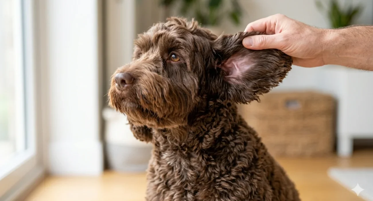 A chocolate wavy-coated Cockapoo sitting patiently while an owner's hand gently lifts the ear flap to peer inside the canal