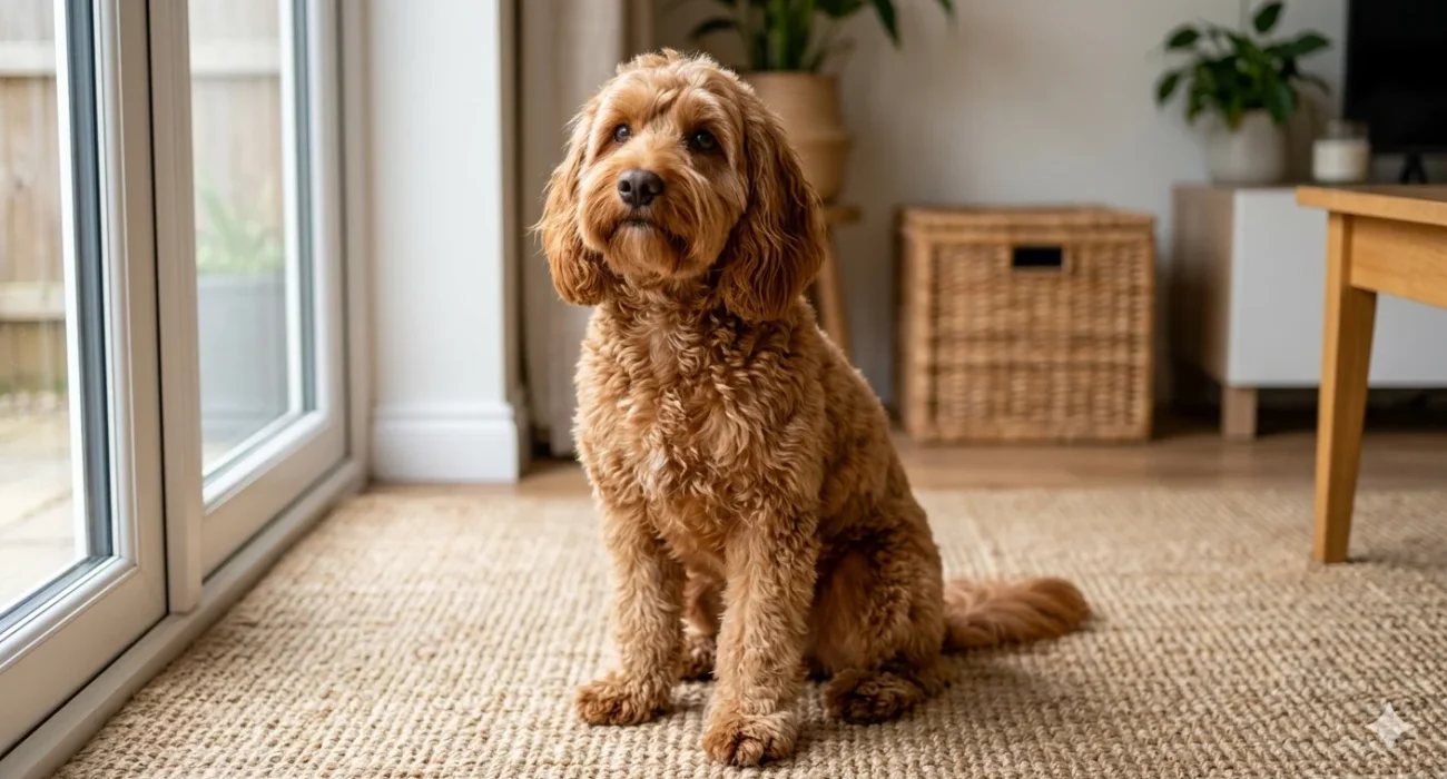 A close-up portrait of an adult Red-Apricot Cockapoo with a fit, lean physique and wavy fleece coat, sitting alertly on a textured rug near a sunlit window