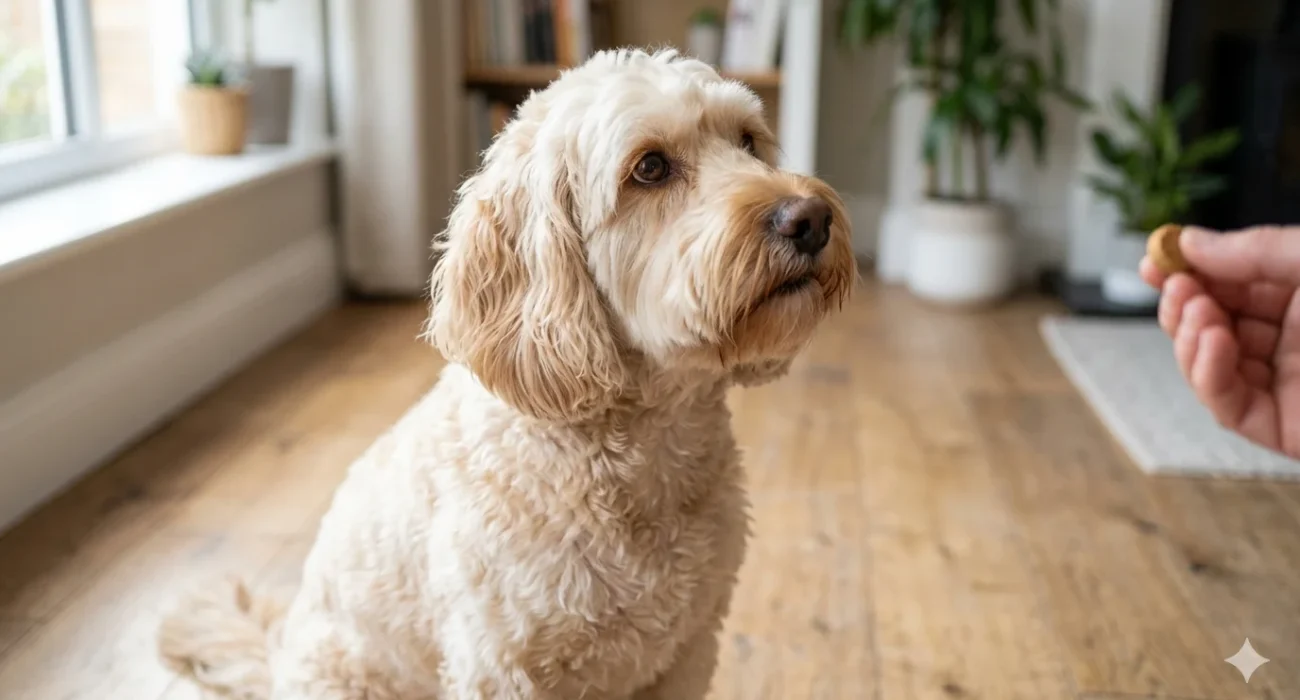 A cream wavy-coated Cockapoo sits attentively on a wooden floor, looking up eagerly at its owner for a treat, demonstrating focus during training.