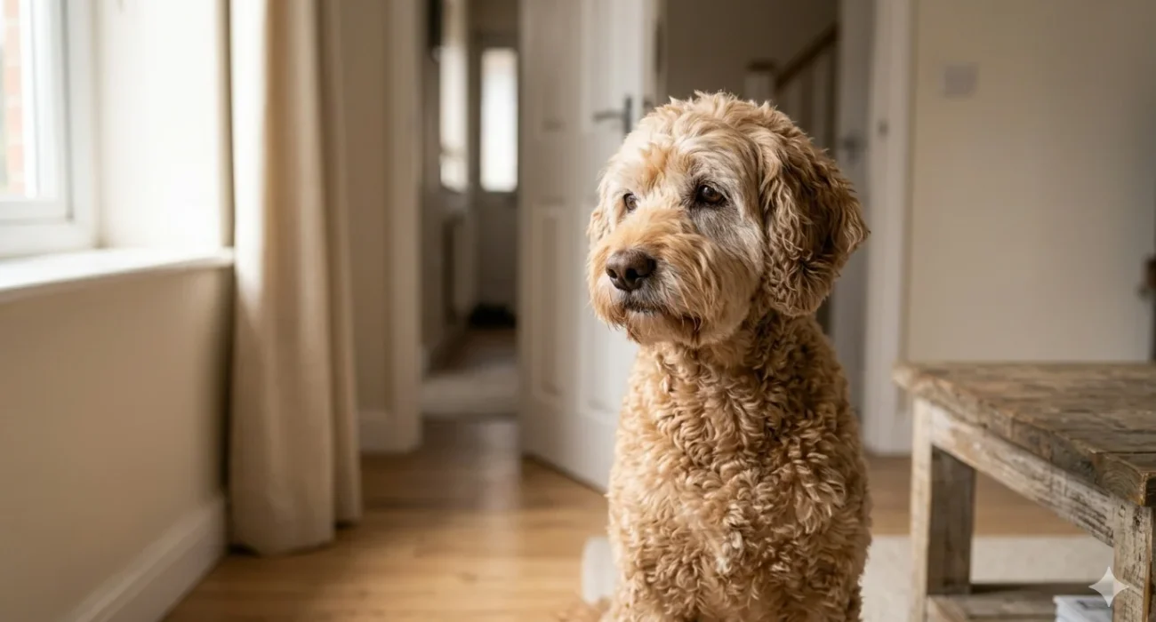 A senior apricot Cockapoo with a greying muzzle, sitting near a window with a concerned expression, looking toward the door as if waiting for its owner.