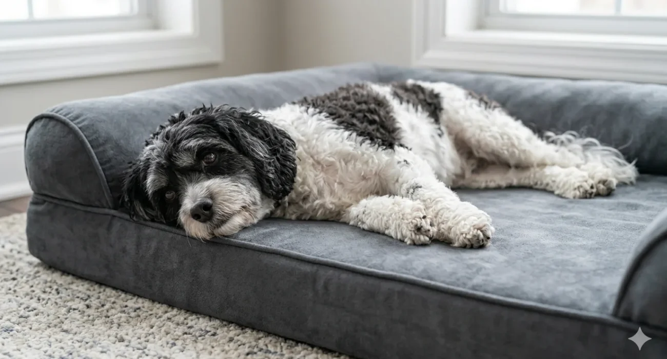 A senior black and white Parti Cavapoo with a grey muzzle resting completely relaxed on its side, supported by a thick memory foam orthopedic dog bed in a cozy living room
