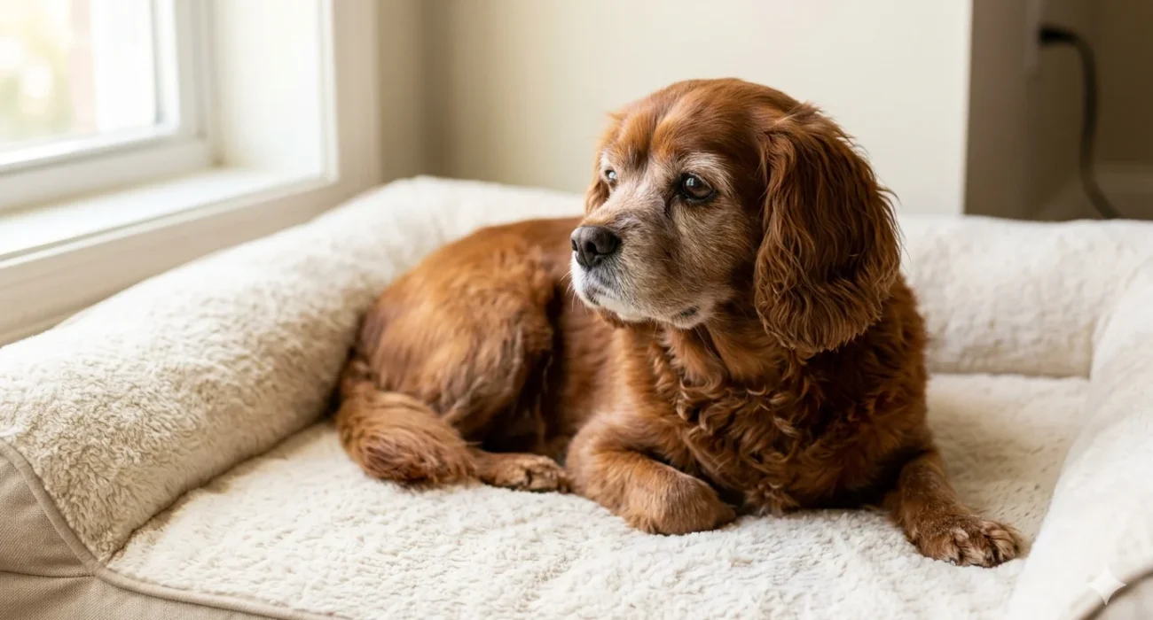 A senior ruby (deep red) Cavapoo with grey fur on its muzzle resting peacefully in a plush orthopedic dog bed near a sunlit window, showing a quiet, less active energy.