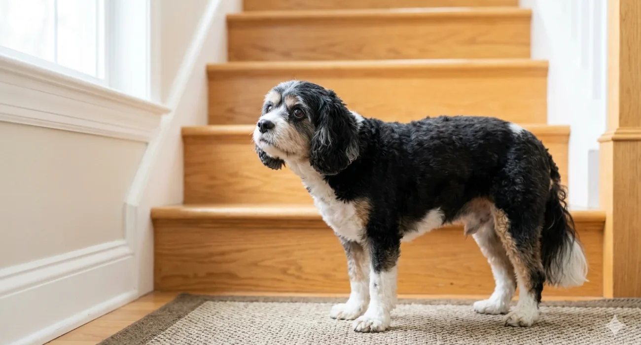A senior tri-color (black, white, and tan) Cavapoo with a gray muzzle stands hesitantly on a non-slip mat at the bottom of a wooden staircase, looking up with subtle concern