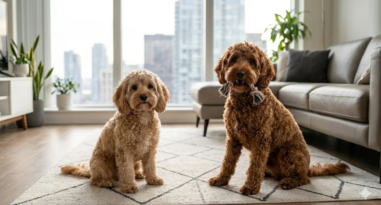 A side-by-side comparison of a small, fluffy Cavapoo and a slightly larger, Cockapoo sitting on a modern rug in a apartment living room, illustrating their size and temperament differe