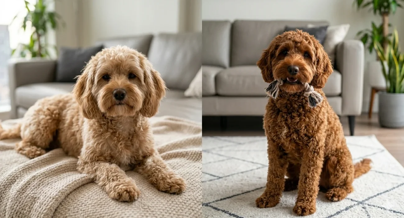 A side-by-side comparison photograph of a calm, curly-coated apricot Cavapoo resting its head on a sofa cushion next to an attentive, slightly larger chocolate Cockapoo with wavy hair