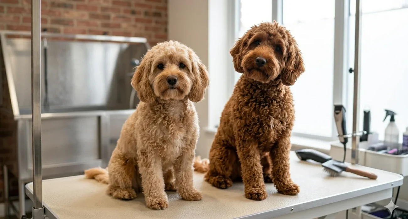 A side-by-side photograph of a fluffy apricot Cavapoo and a curly chocolate Cockapoo sitting on a grooming table, showcasing their thick teddy bear coats and floppy ears in a professional salon