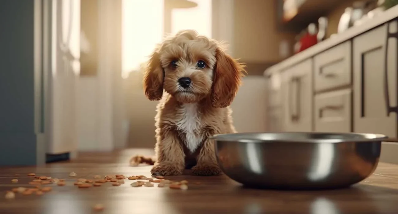 A small Cavapoo puppy sitting on a kitchen floor next to a metal food bowl, with scattered kibble around it.