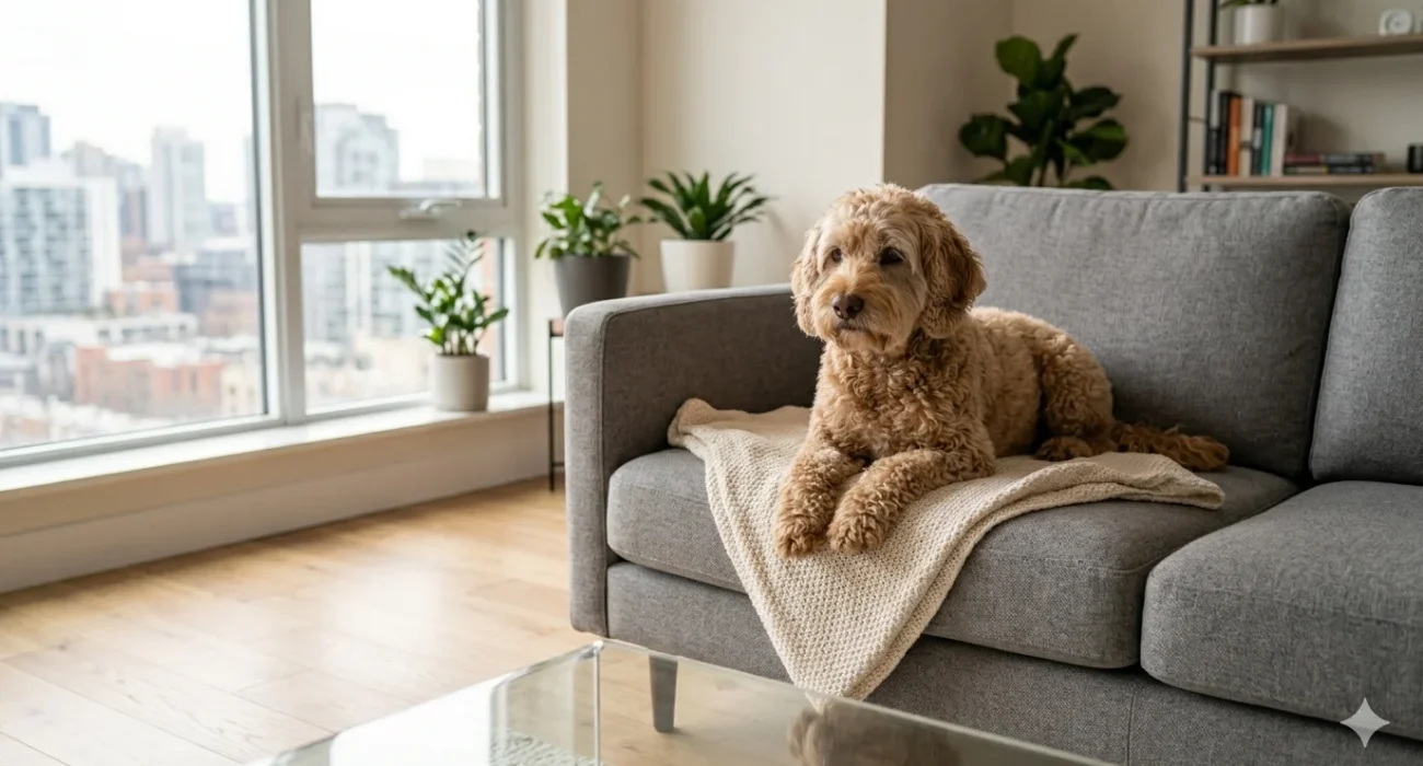 A small, fluffy apricot Cavapoo sitting comfortably on a modern grey sofa in a bright, stylish studio apartment, with a large window in the background showing a city skyline