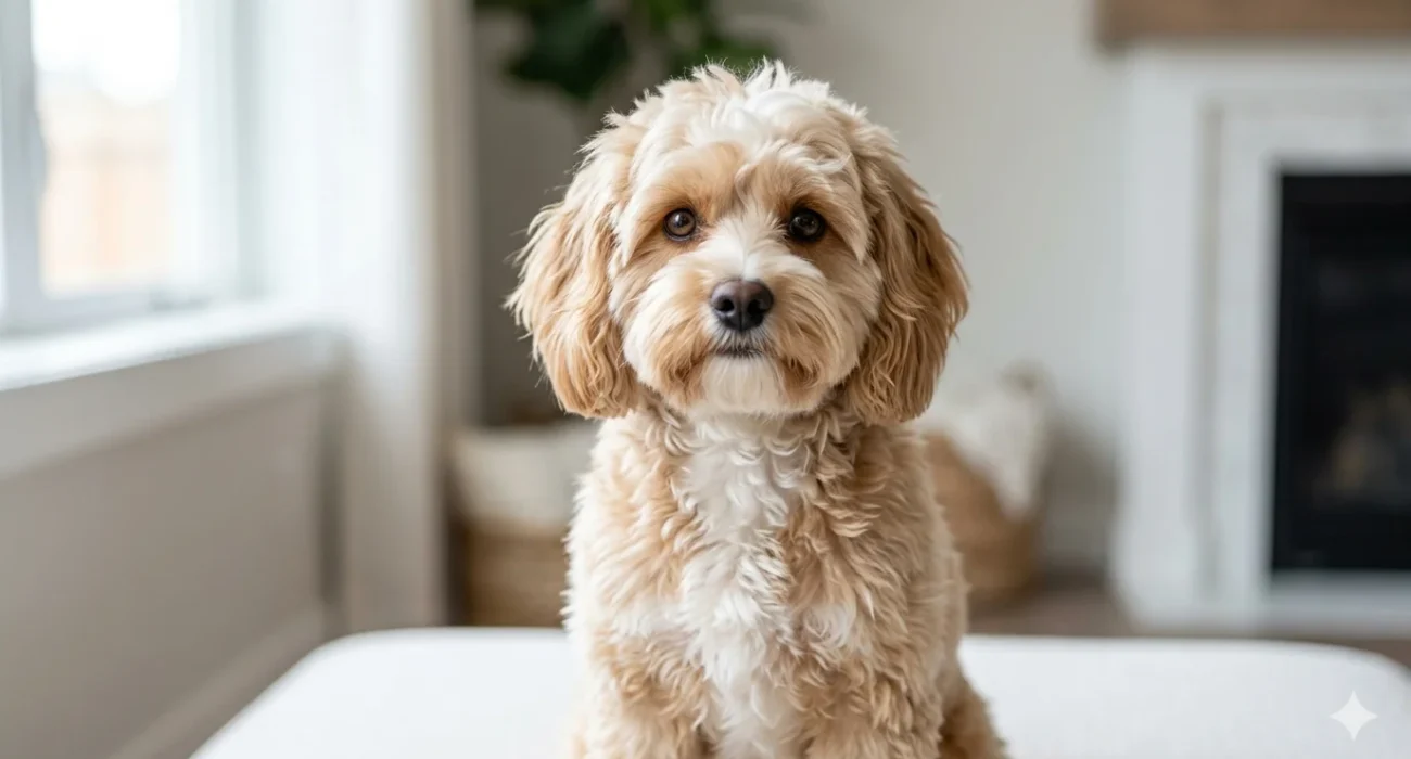 A sweet-faced beige and white wavy-coated Cavapoo sitting in a sunlit modern living room, looking directly at the camera with a clean and fluffy 'teddy bear' appearance