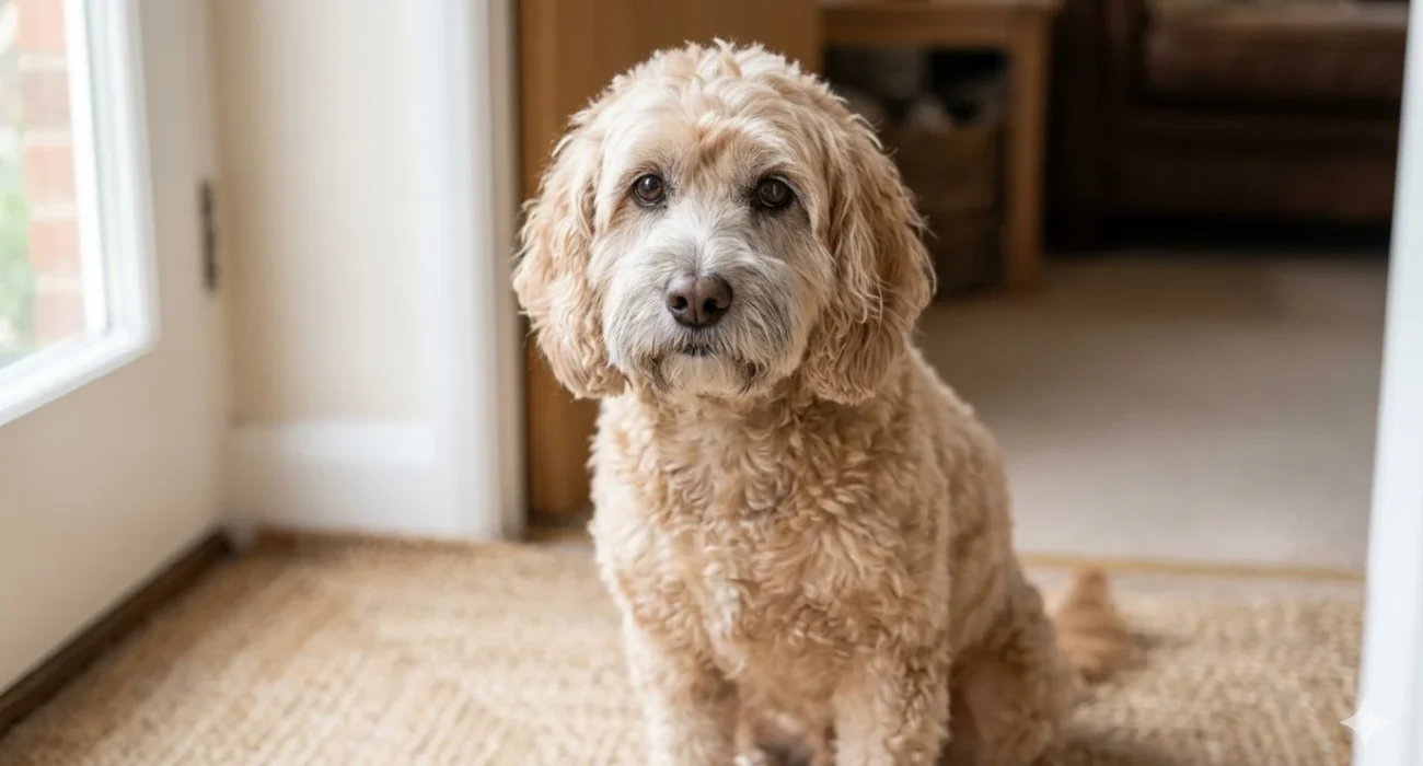 A sweet-faced beige-apricot Cockapoo with a wavy 'fleece' coat sits on a rug near an internal doorway, looking back over its shoulder with gentle, people-focused eyes in a sunlit moder
