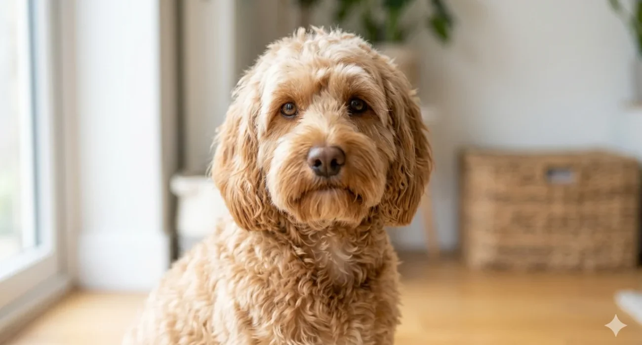 An Apricot wavy-coated Cockapoo looking directly at the camera with a fluffy teddy bear facial trim