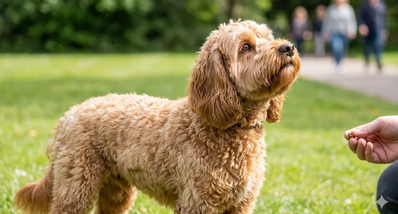An adolescent apricot-red wavy-coated Cockapoo standing in a grassy park, looking away defiantly toward a distant distraction, illustrating the selective hearing phase common in teenage