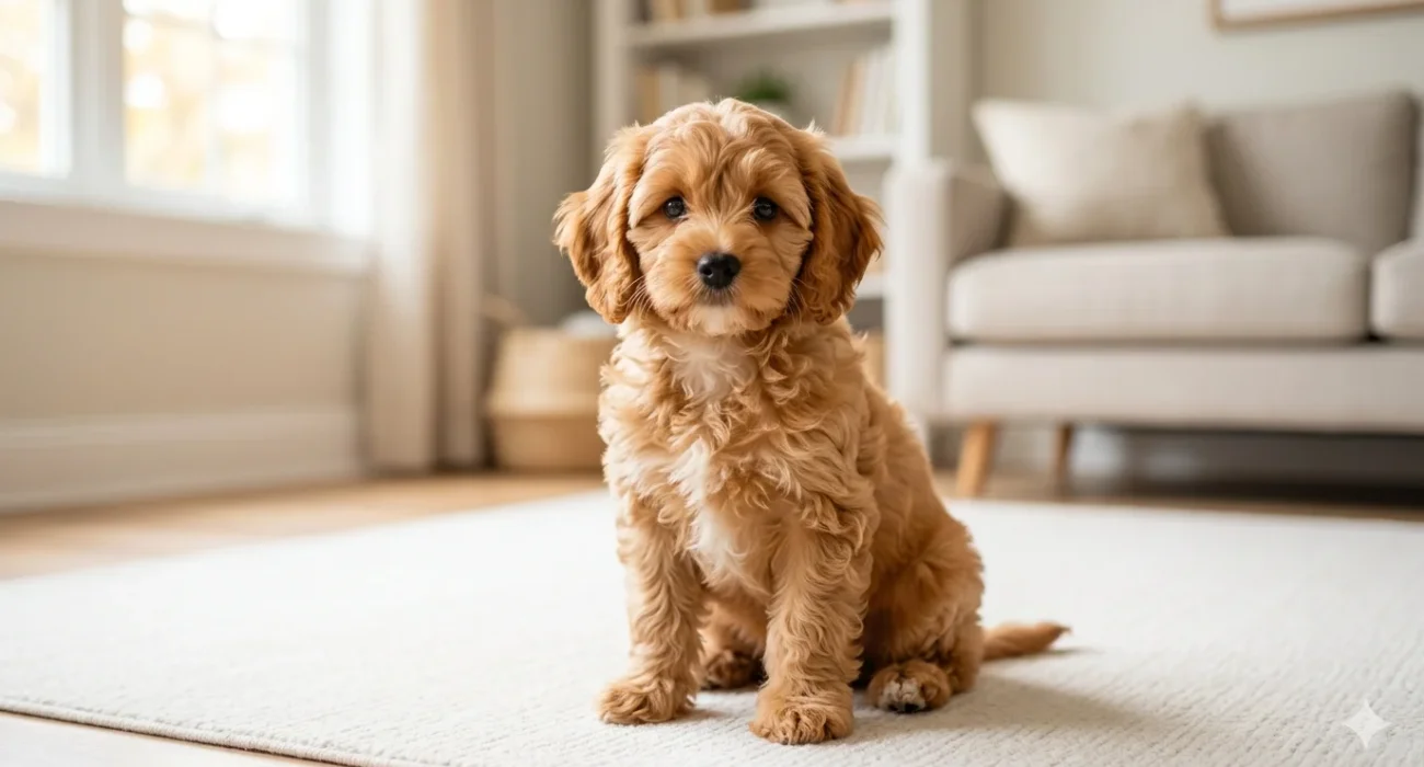 An adorable apricot wavy-coated Cavapoo puppy sitting in a sun-drenched modern living room, representing the initial appeal of bringing a new pet home