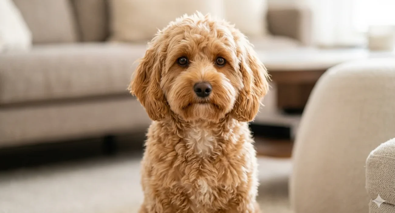 An apricot Teddy Bear wavy coat Cavapoo sitting calmly in a cozy living room, looking directly at the camera