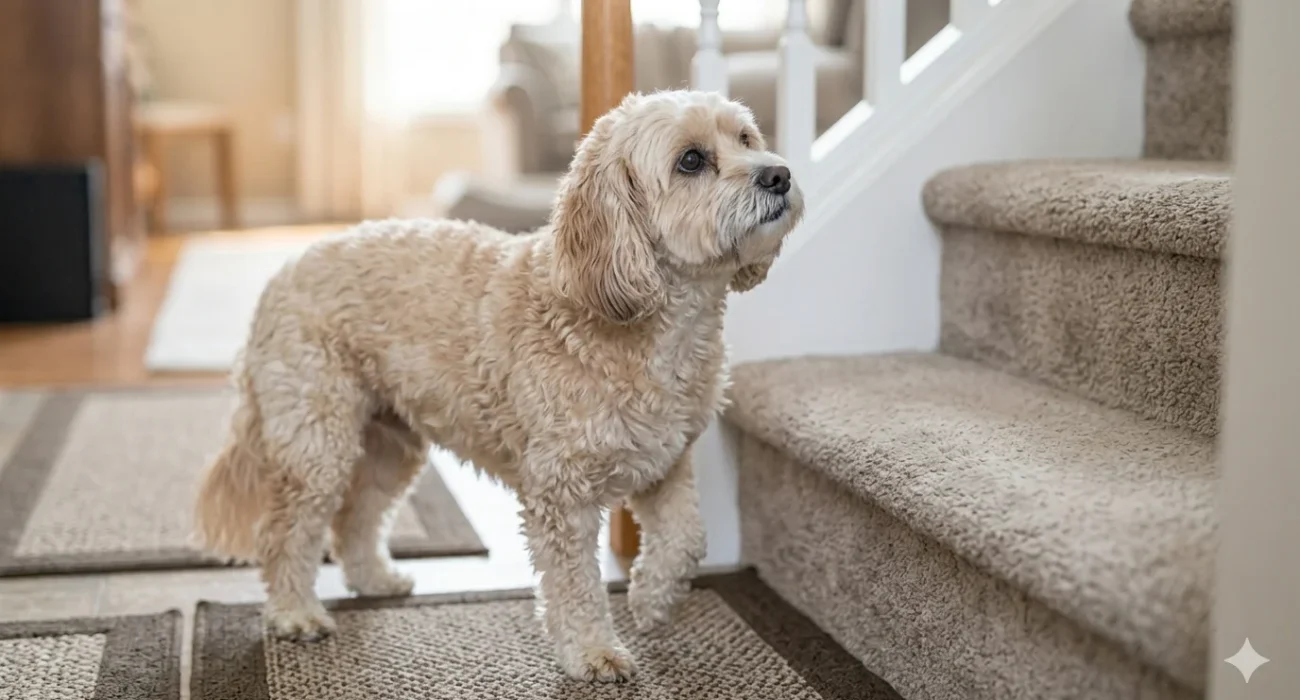 An apricot senior Cavapoo with a grey muzzle standing at the bottom of a carpeted staircase in a home, looking up with subtle hesitation