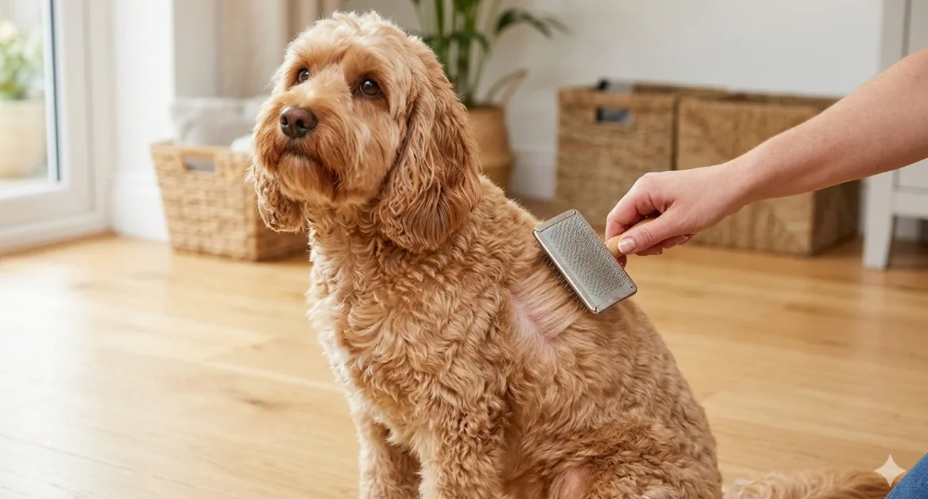 An apricot wavy-coated Cockapoo sitting patiently on a wooden floor, demonstrating the line brushing technique as an owner uses a slicker brush to part the hair down to the skin