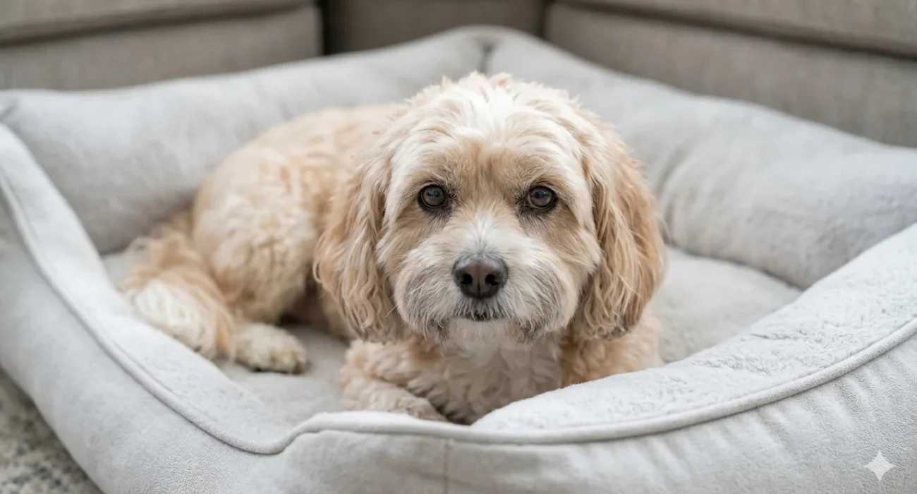 Soft photo of a mature apricot Cavapoo resting its head calmly on a supportive, plush grey orthopedic dog bed in a cozy living room