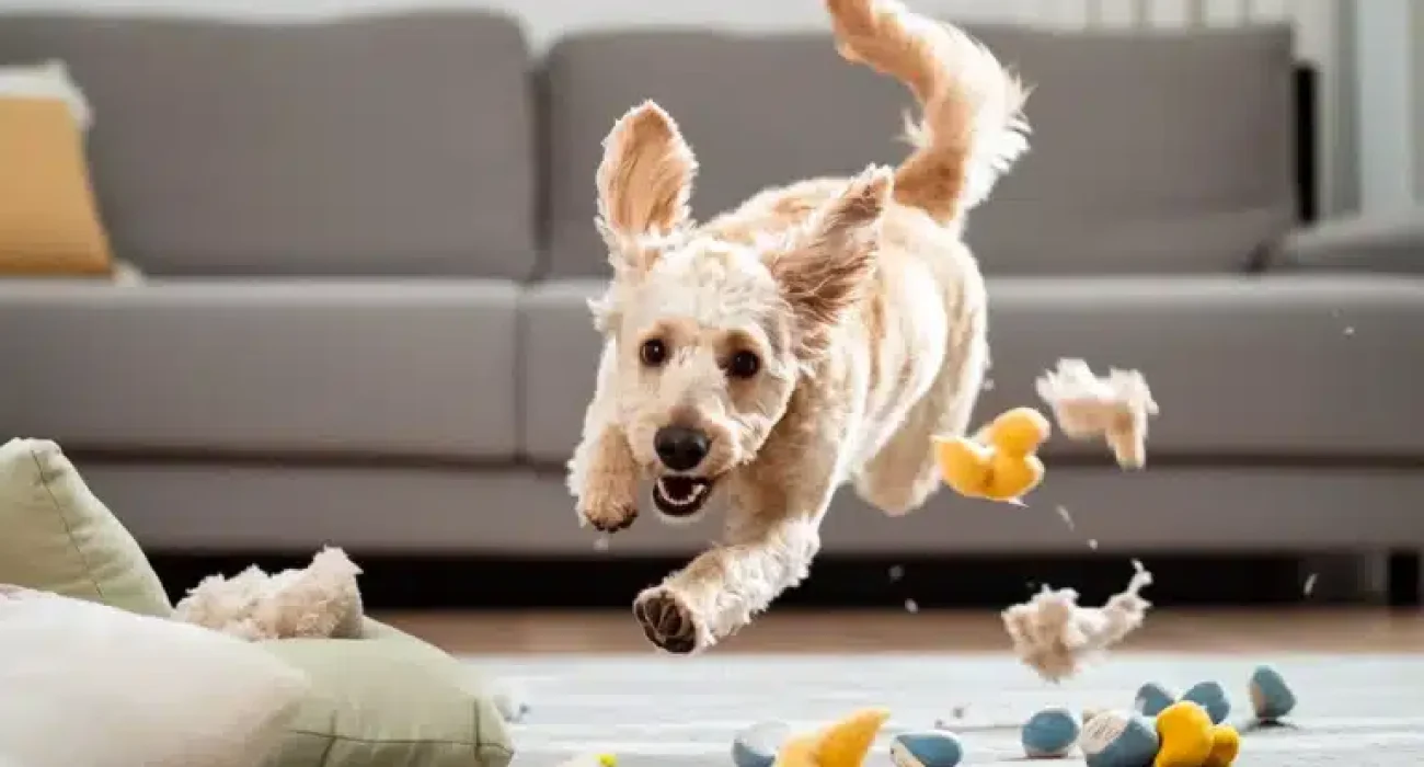 Overexcited Cavapoo dog running zoomies indoors showing hyper energy burst inside the house